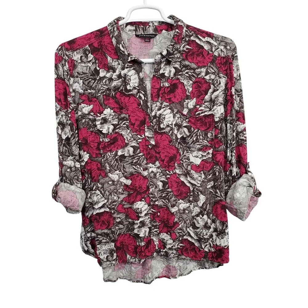 Rock & Republic Womens XXL Shirt Floral Button Up Rayon Roll Tab Light Blouse - Picture 3 of 12